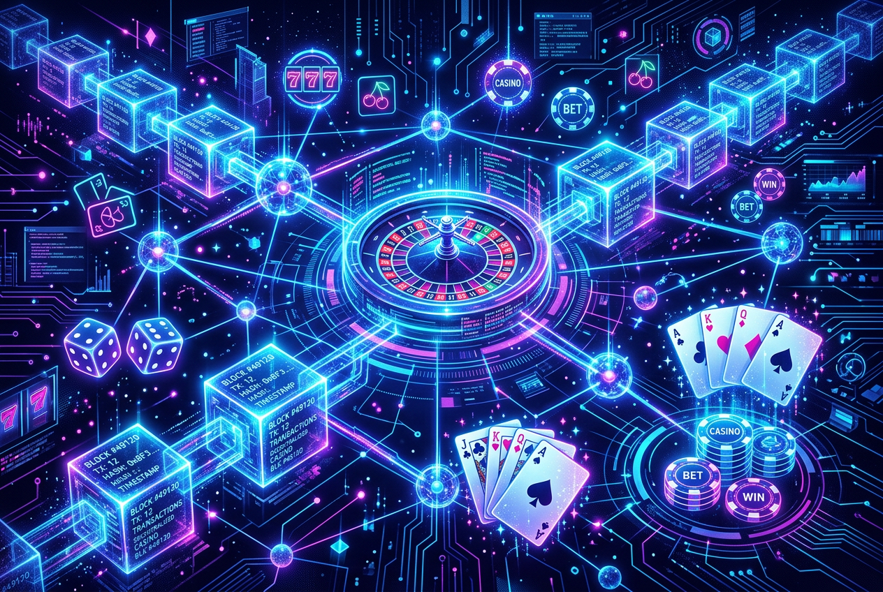 Symbolická vizualizace technologie blockchain propojené s herními prvky jako kostky a karty v digitální síti