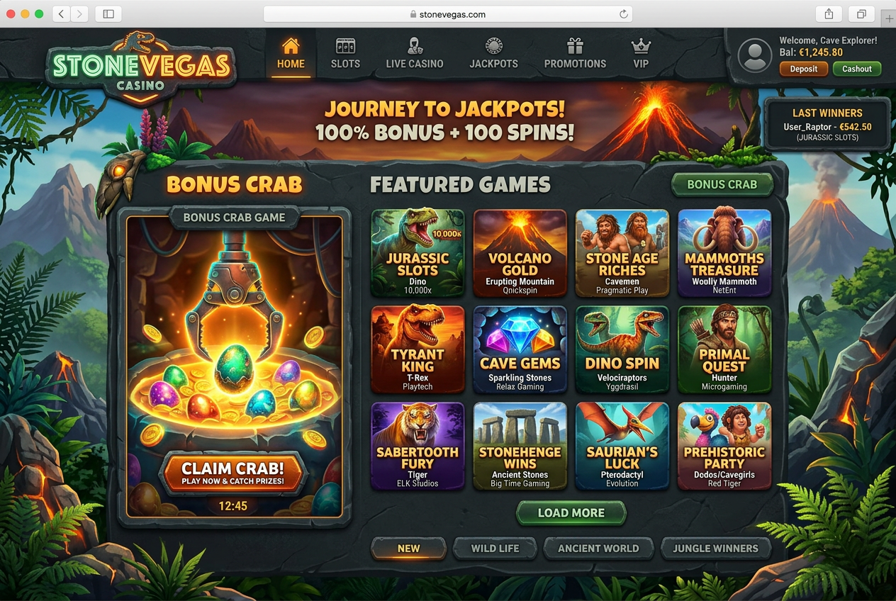 Stonevegas casino lobby s mechanikou Bonus Crab a výběrem automatů